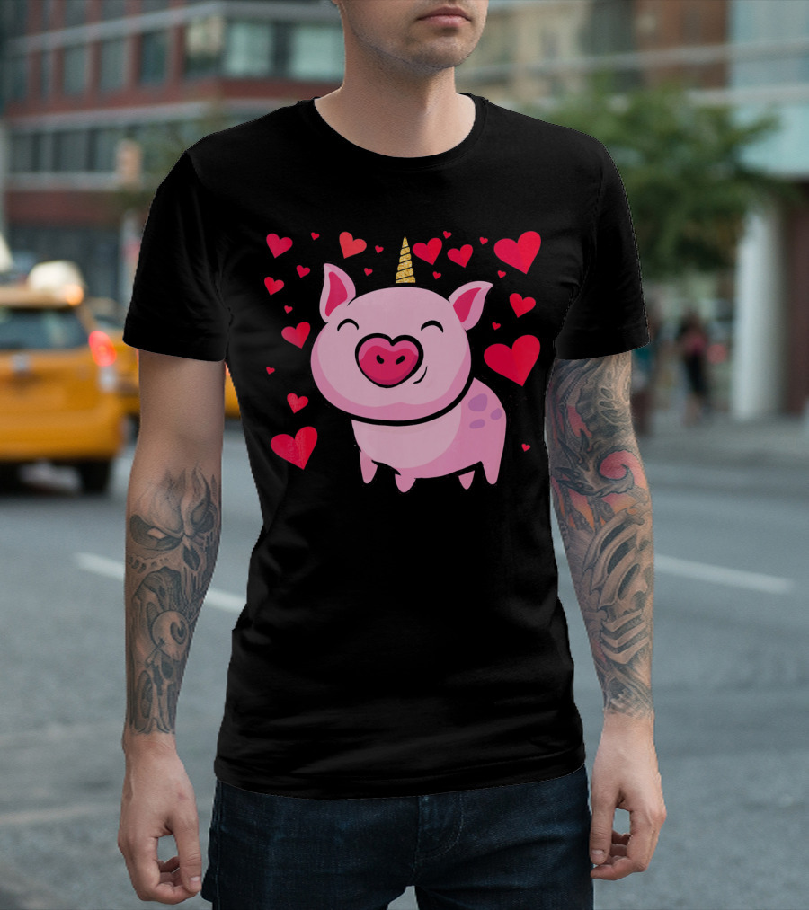 Pigacorn Valentine Unicorn Pig With Hearts For Lovers T-Shirt