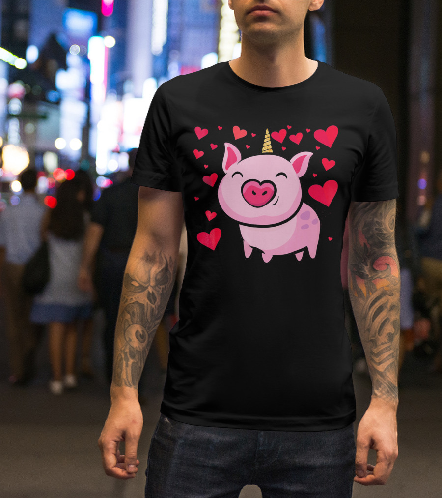 Pigacorn Valentine Unicorn Pig With Hearts For Lovers T-Shirt
