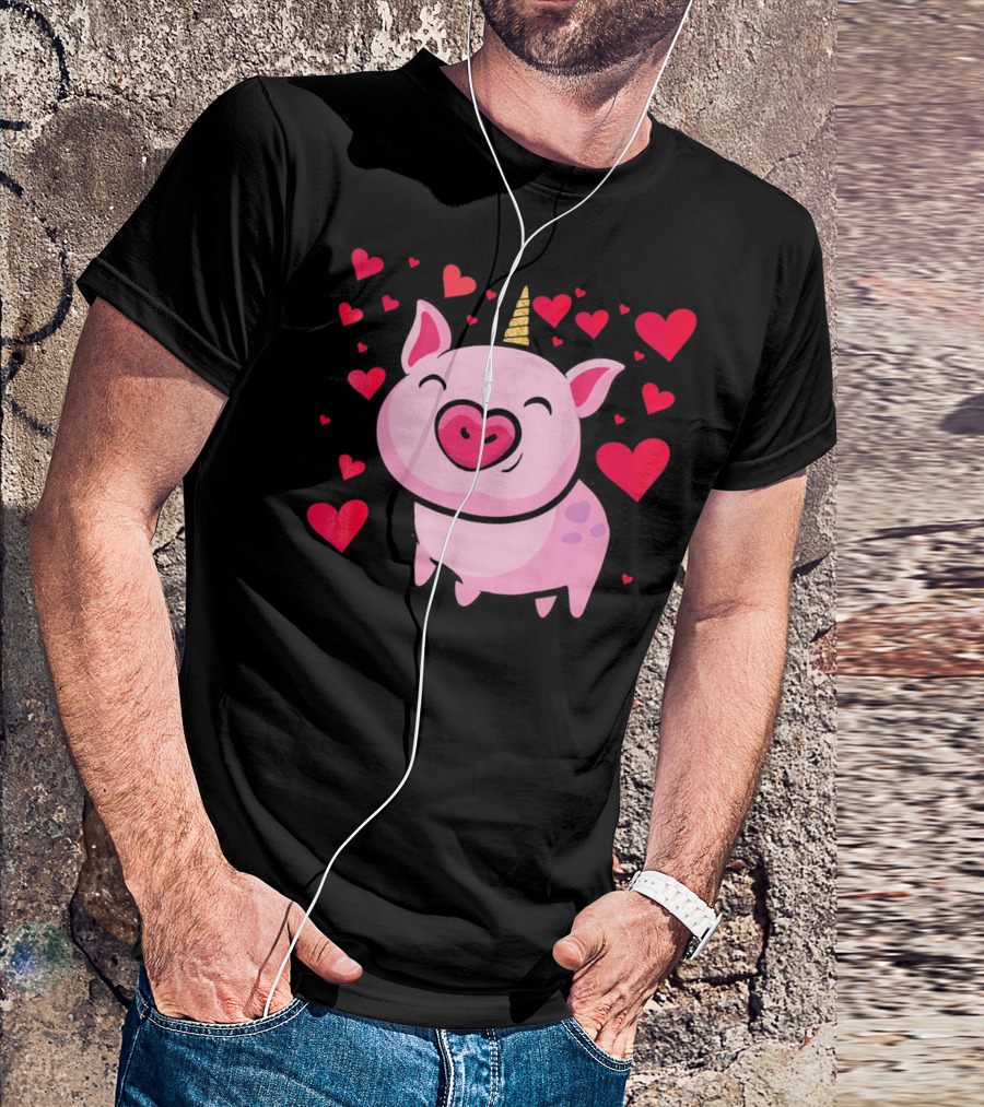 Pigacorn Valentine Unicorn Pig With Hearts For Lovers T-Shirt