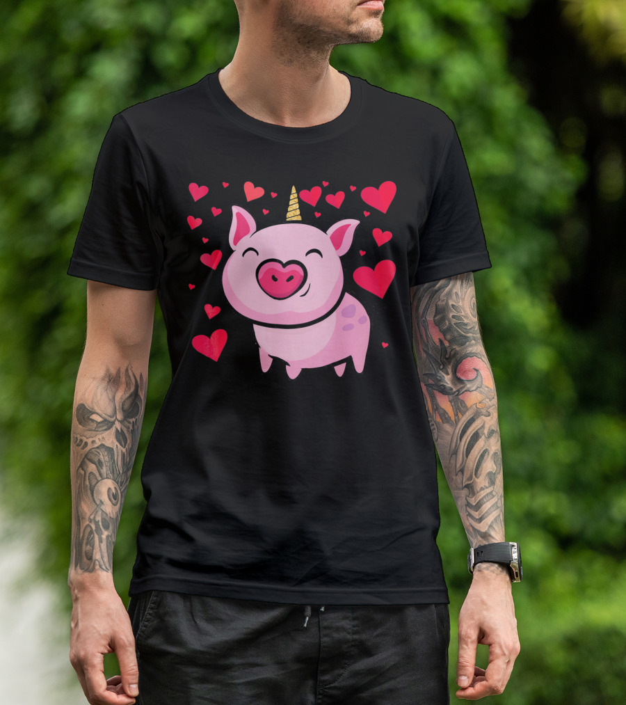 Pigacorn Valentine Unicorn Pig With Hearts For Lovers T-Shirt