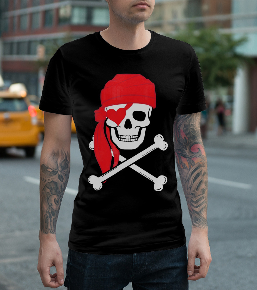 Pirate Skull and Cross Bones Heart Eyepatch Valentines T-Shirt