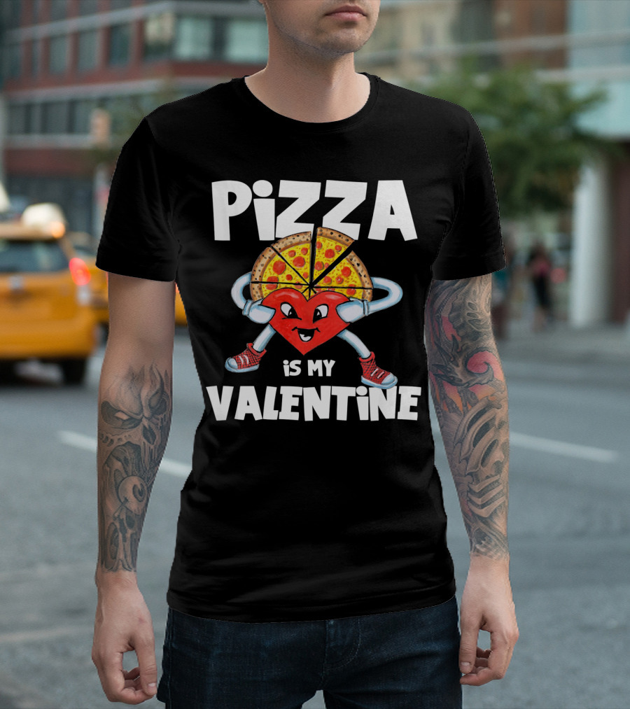 Pizza Is My Valentine Comic Heart Character With Pizza Slice Valentine’s Day T-Shirt