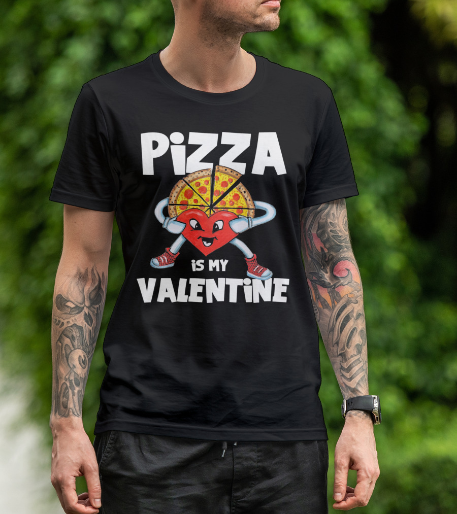 Pizza Is My Valentine Comic Heart Character With Pizza Slice Valentine’s Day T-Shirt