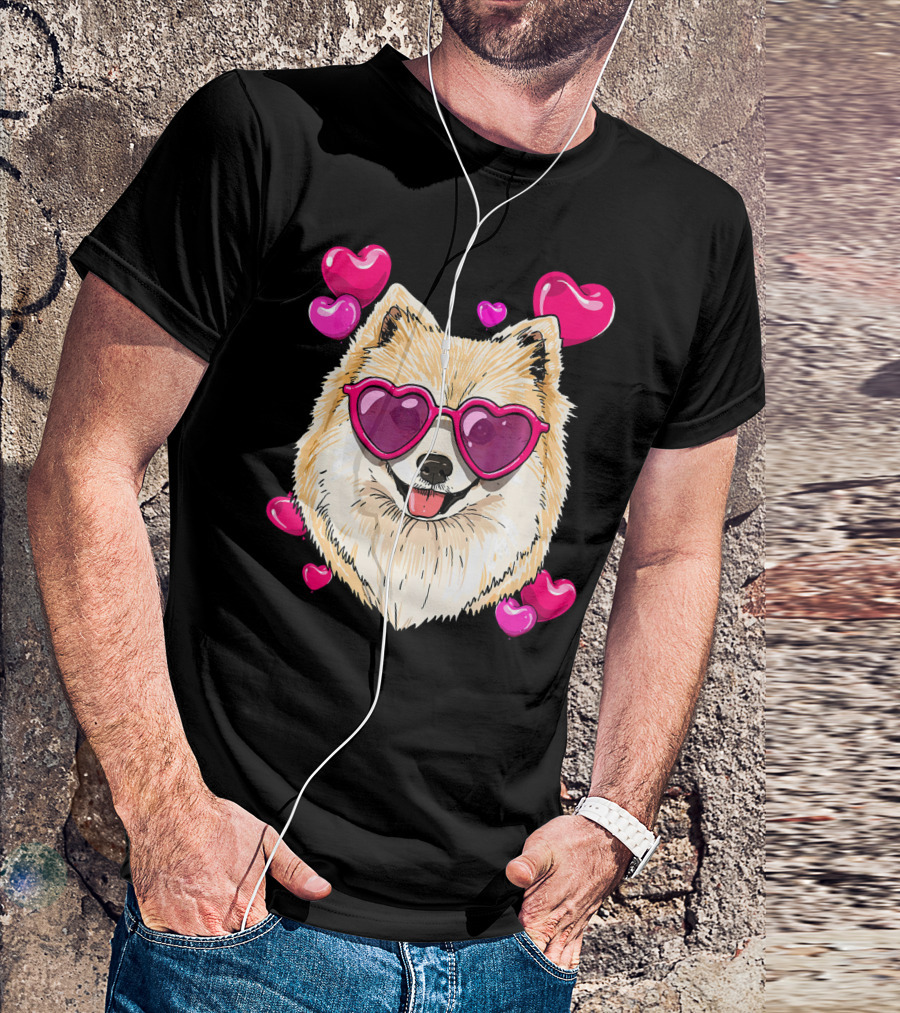 Pomeranian Valentines Day Heart Sunglasses Love Dog T-Shirt