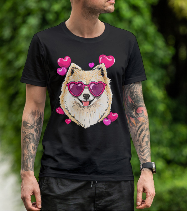 Pomeranian Valentines Day Heart Sunglasses Love Dog T-Shirt