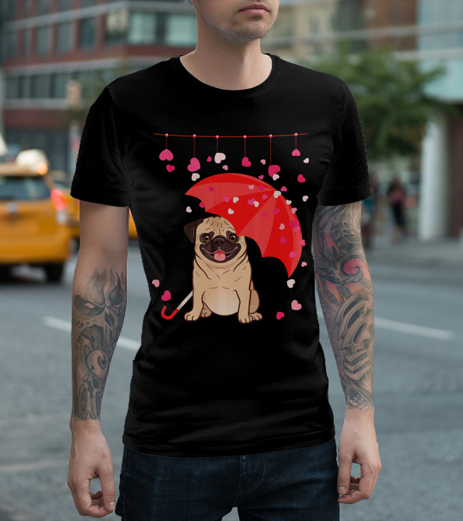 Pug with Umbrella and Falling Hearts Valentine's Day T-Shirt