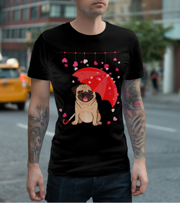 Pug With Umbrella And Falling Hearts Valentine's Day T-Shirt
