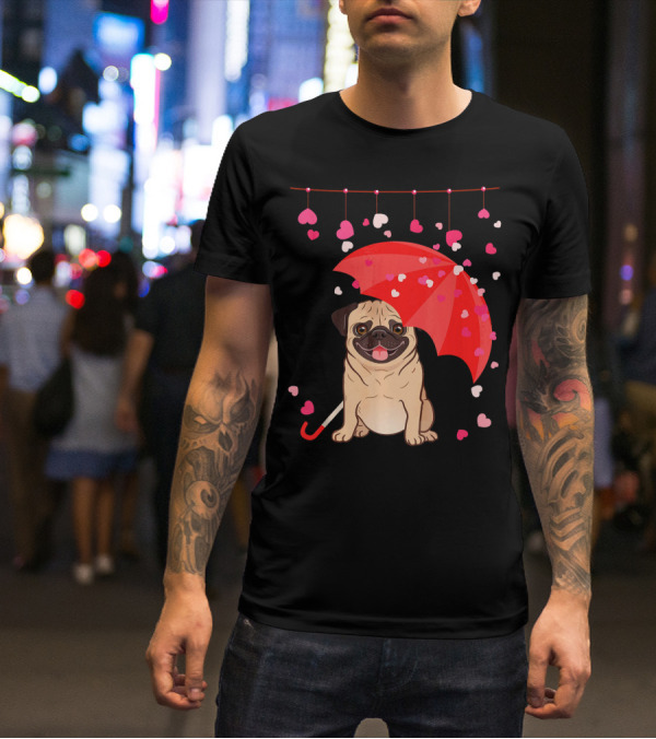 Pug With Umbrella And Falling Hearts Valentine's Day T-Shirt