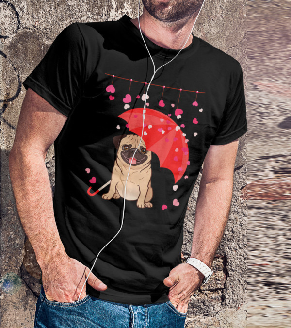 Pug With Umbrella And Falling Hearts Valentine's Day T-Shirt