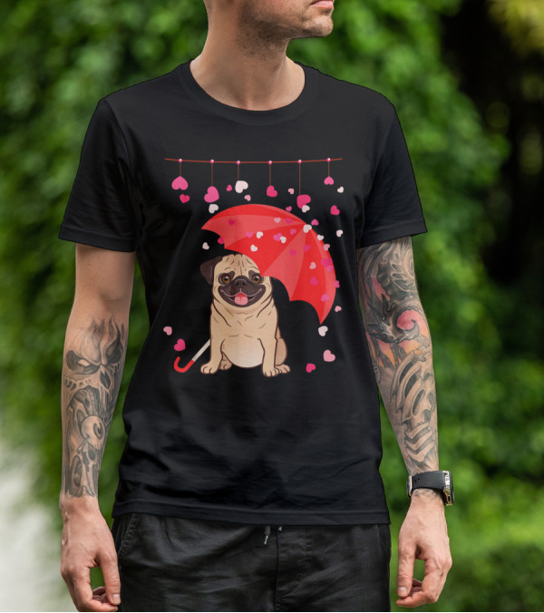 Pug With Umbrella And Falling Hearts Valentine's Day T-Shirt