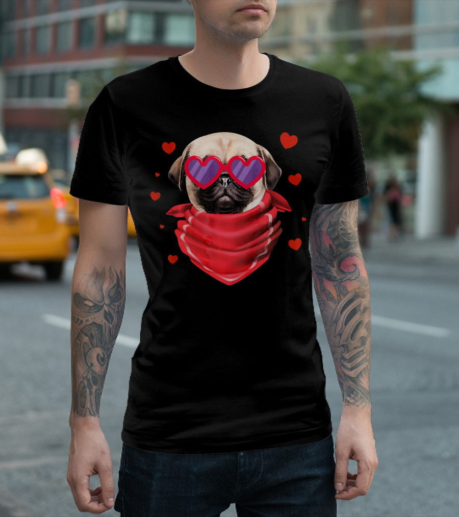Pug Valentines Day Heart-Shaped Glasses And Bandana With Hearts T-Shirt