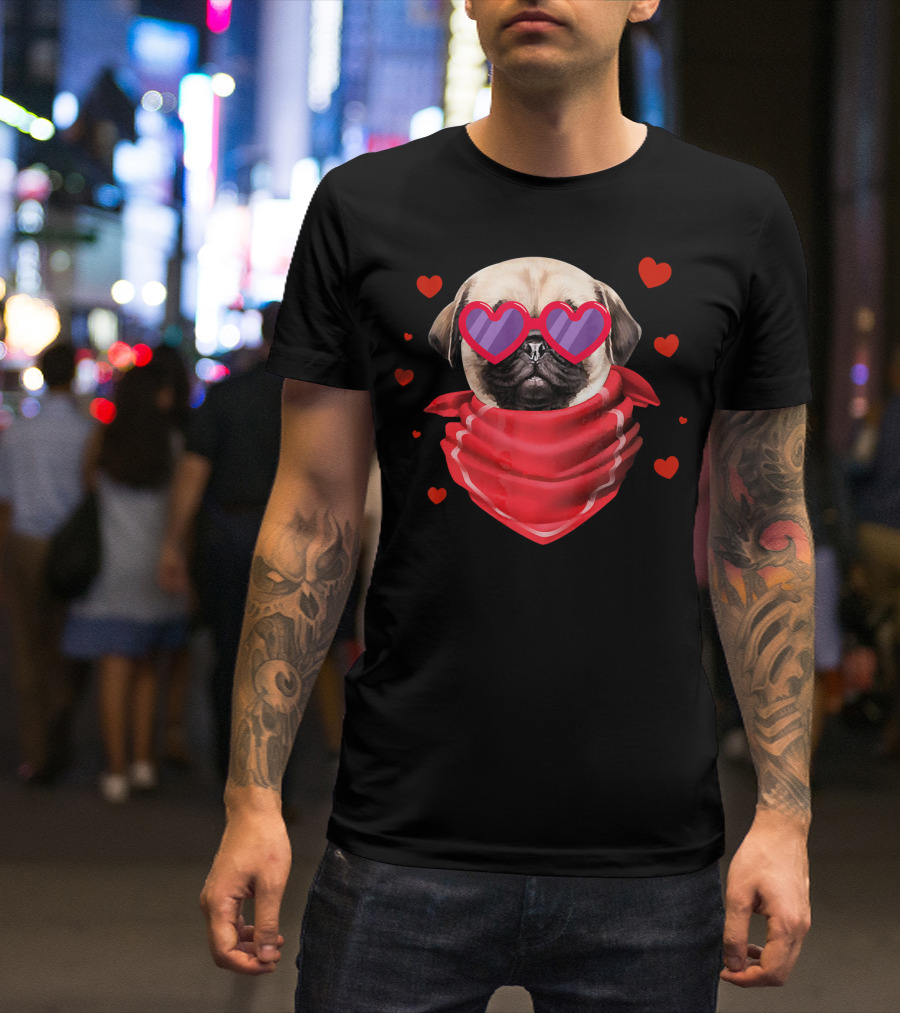 Pug Valentines Day Heart-Shaped Glasses And Bandana With Hearts T-Shirt