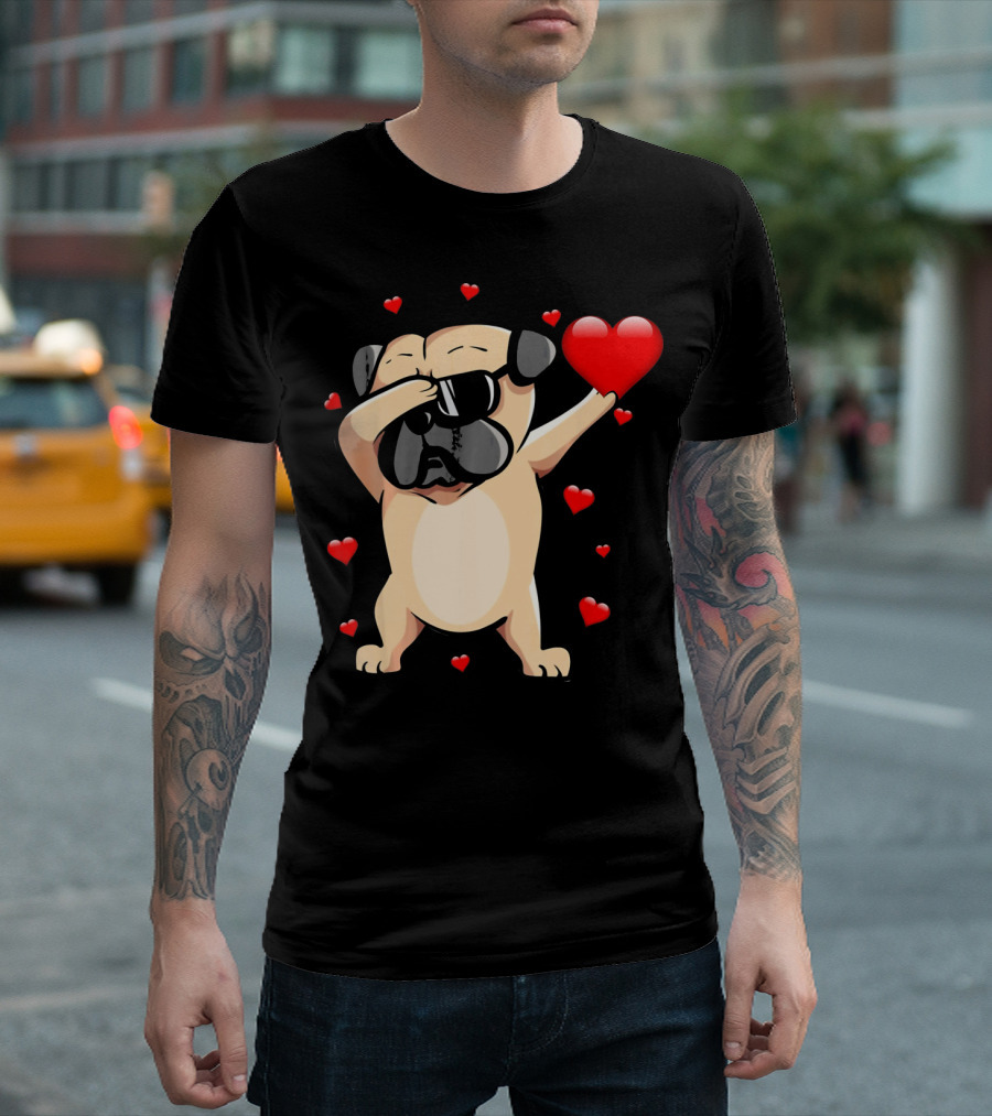 Pug Valentines Day Dabbing Love Dog with Hearts T-Shirt