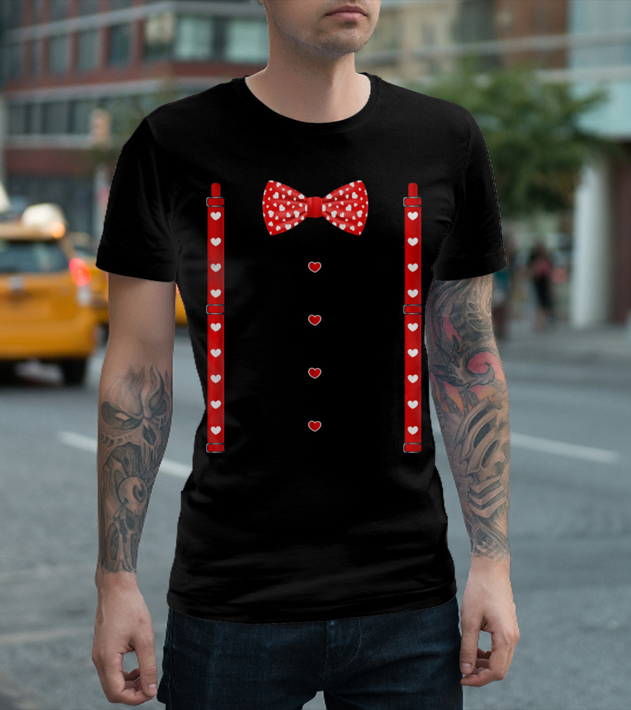 Red Hearts Bow Tie and Suspenders Valentine T-Shirt
