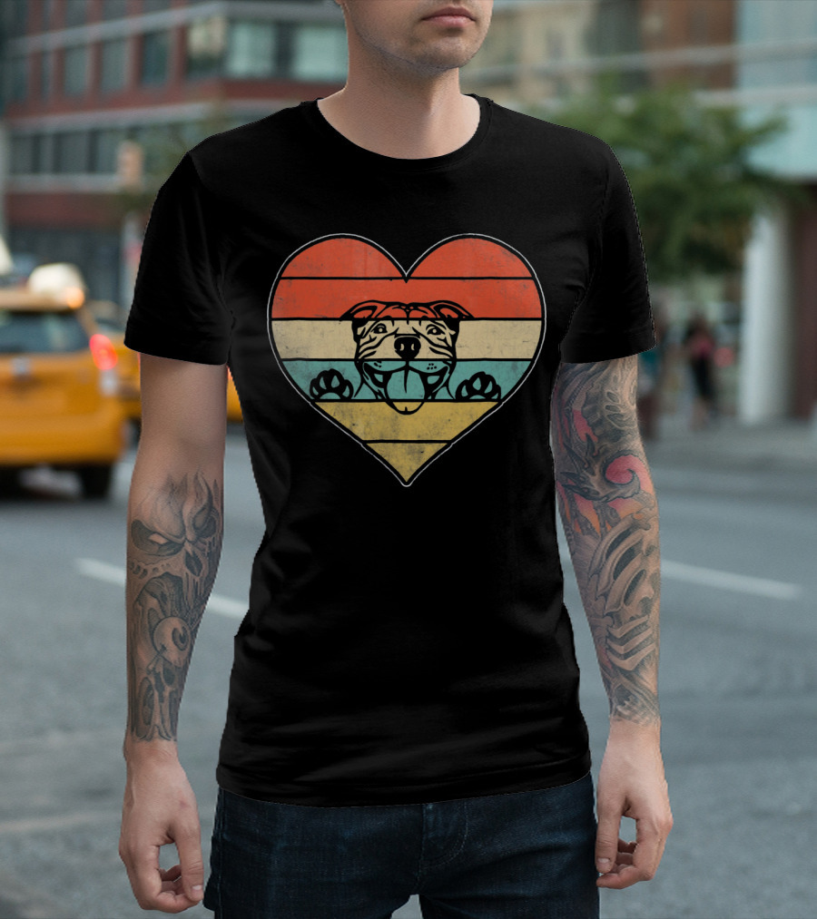 Retro Vintage Pit Bull Heart Valentine Stripes T-Shirt