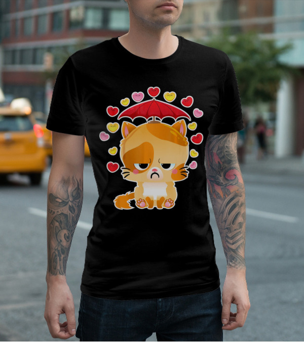 Sad Cat Under Umbrella With Raining Hearts Valentine's Day T-Shirt