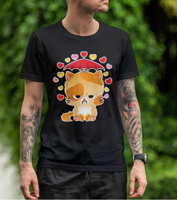 Sad Cat Under Umbrella With Raining Hearts Valentine's Day T-Shirt