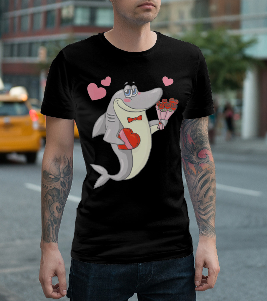 Shark Holding Heart Box and Bouquet with Hearts Valentine T-Shirt