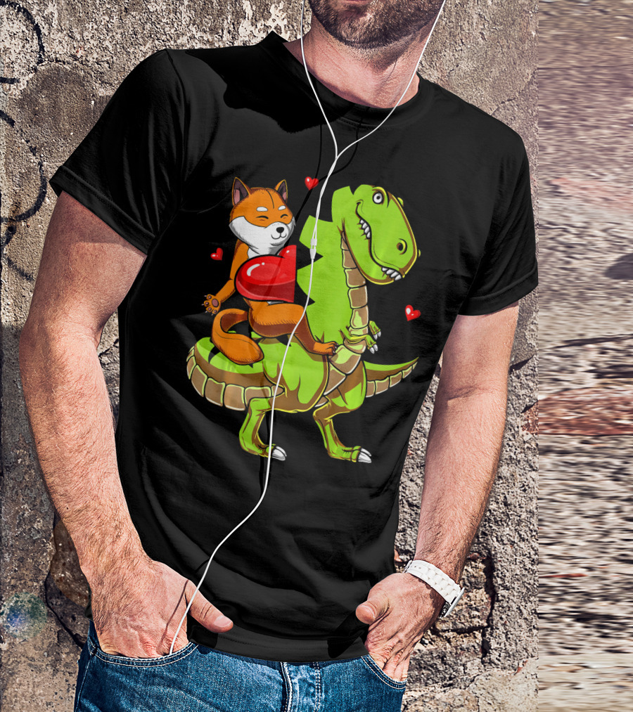 Shiba Inu Riding Green T-Rex Dinosaur With Red Hearts T-Shirt