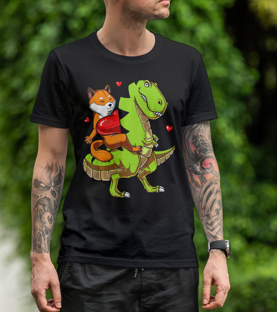 Shiba Inu Riding Green T-Rex Dinosaur With Red Hearts T-Shirt