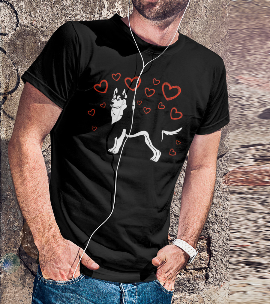Siberian Husky Surrounded By Hearts Valentine Love LS T-Shirt