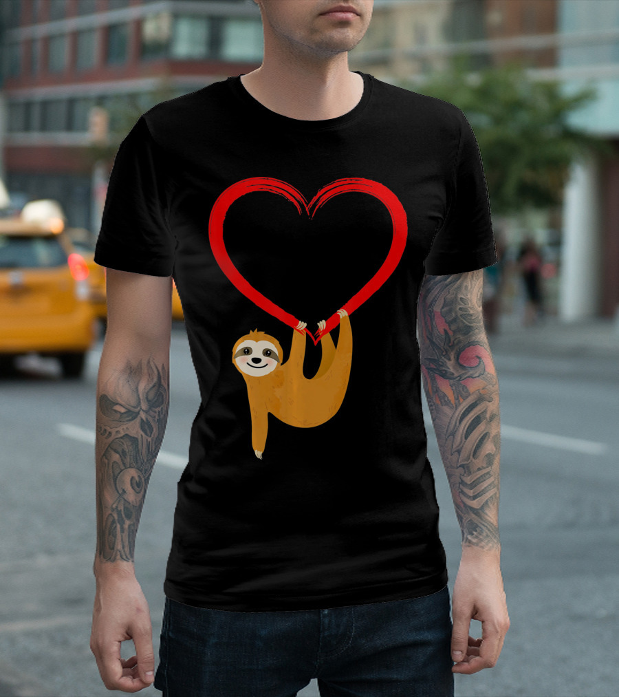 Valentines Day Sloth Hanging on Heart T-Shirt