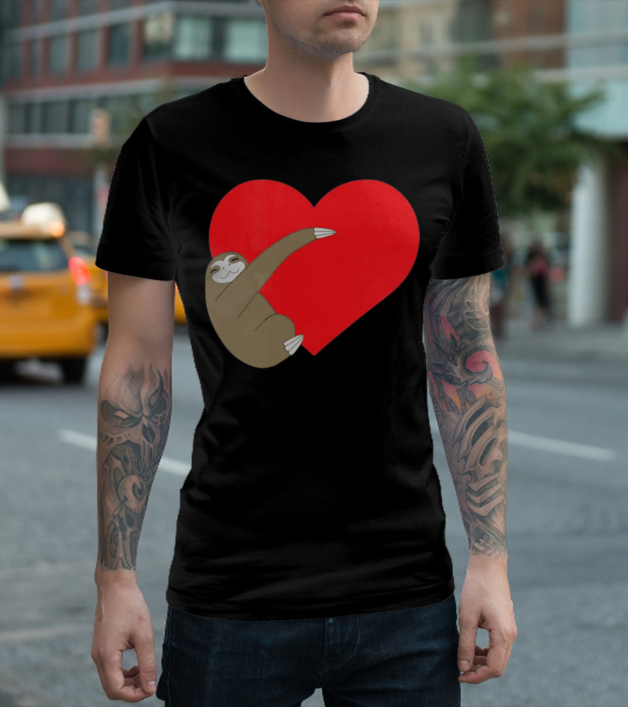 Sloth Hugging Heart Cute Pocket Va T-Shirt