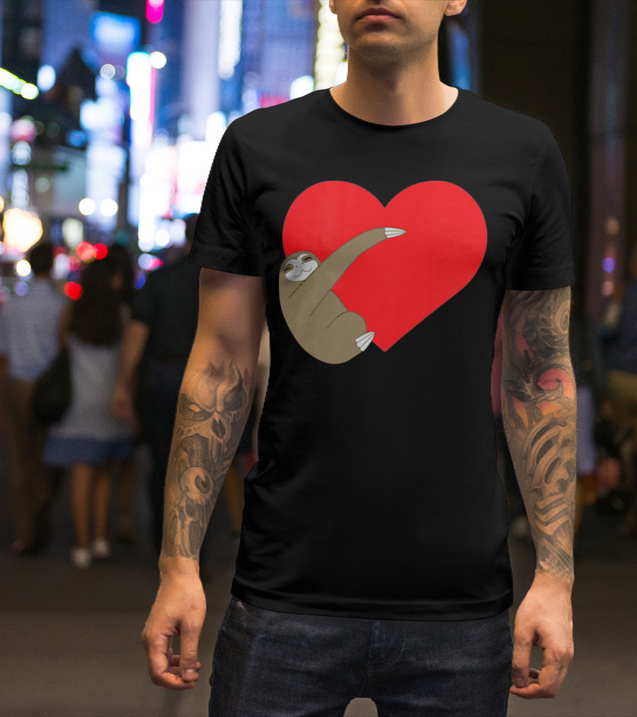 Sloth Hugging Heart Cute Pocket Va T-Shirt