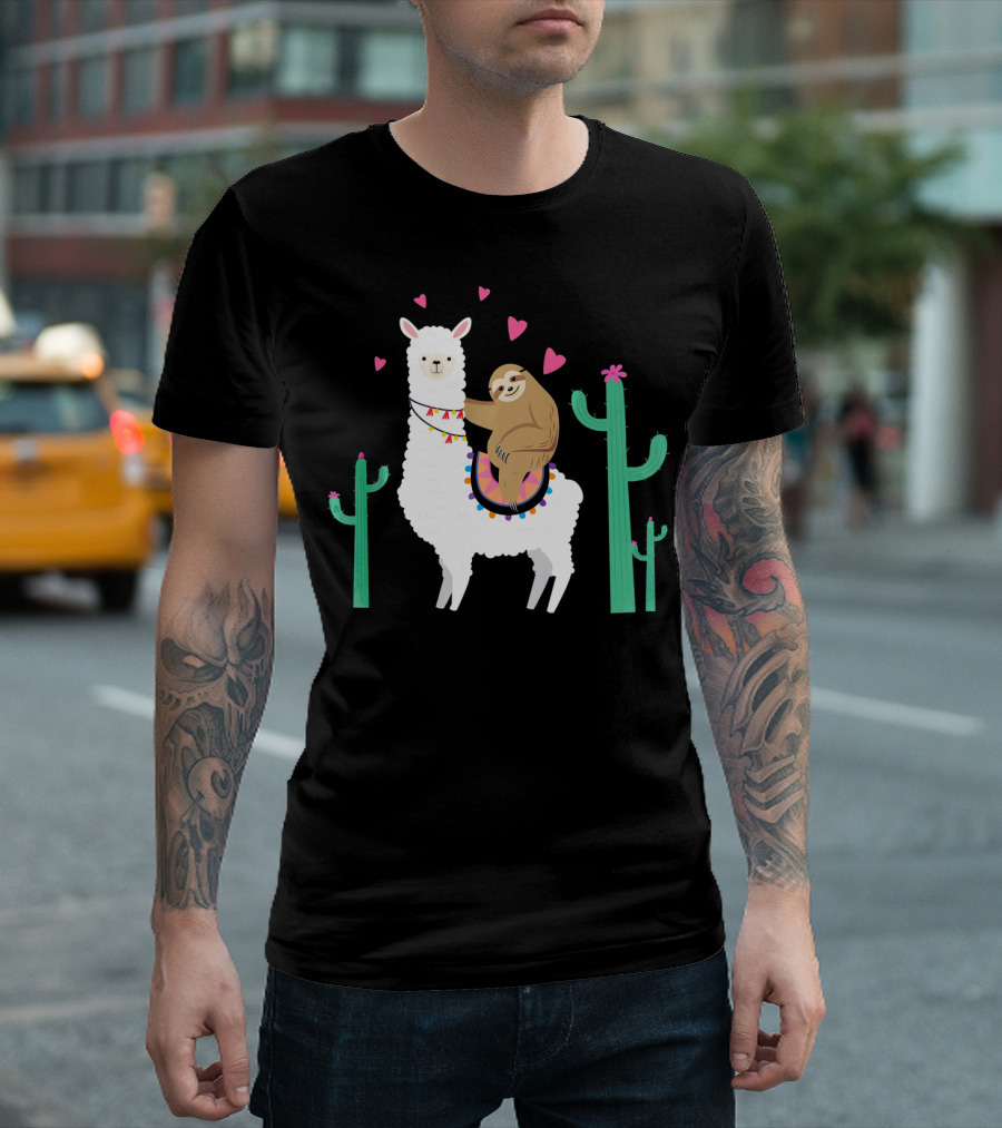 Sloth Riding Llama with Hearts and Cacti T-Shirt