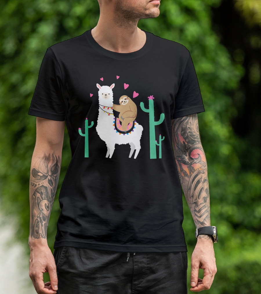 Sloth Riding Llama With Hearts And Cacti T-Shirt