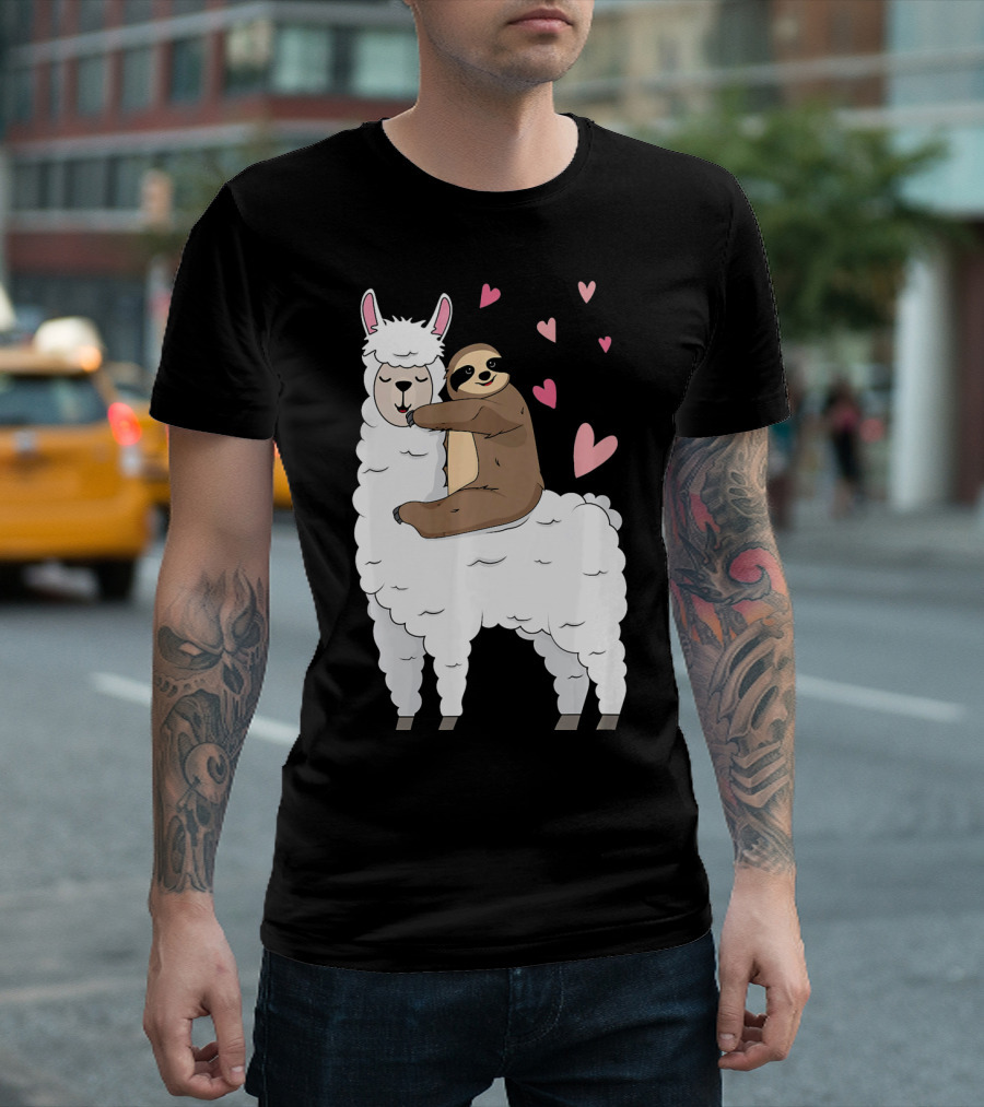 Sloth Riding Llama Cute Hearts Valentines Day T-Shirt
