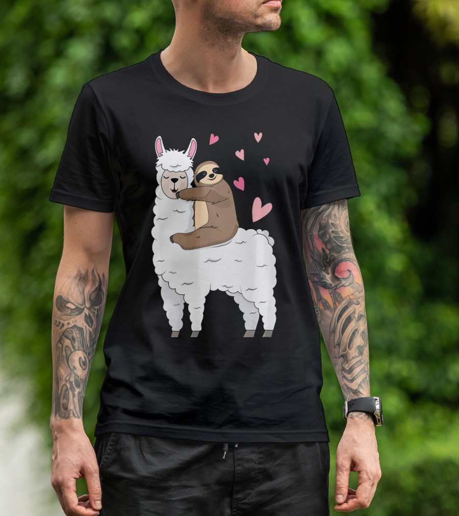 Sloth Riding Llama Cute Hearts Valentines Day T-Shirt