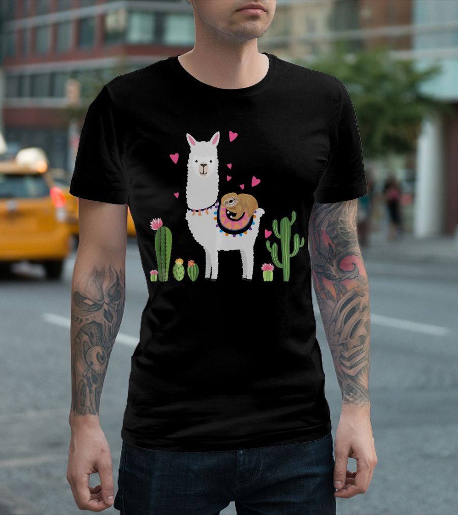 Sloth Riding Llama Heart Cactus Funny Va T-Shirt