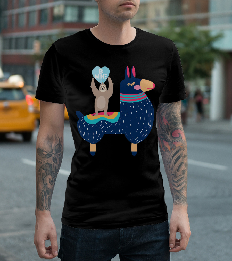 Sloth Holding Heart on Llama Be Mine T-Shirt