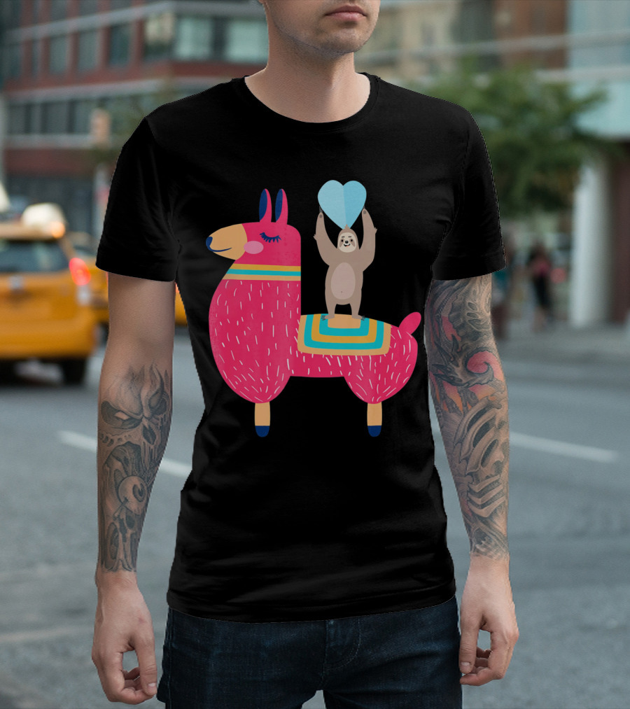 Sloth Riding Llama with Heart Balloon T-Shirt