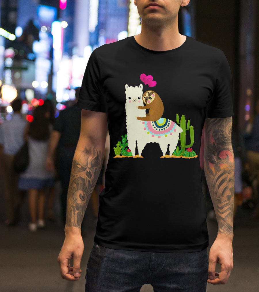 Sloth Riding Llama With Pink Hearts And Cactus Funny Valentin T-Shirt