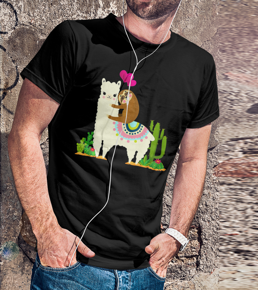 Sloth Riding Llama With Pink Hearts And Cactus Funny Valentin T-Shirt