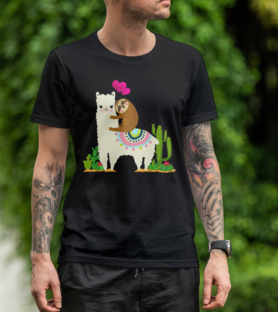 Sloth Riding Llama With Pink Hearts And Cactus Funny Valentin T-Shirt