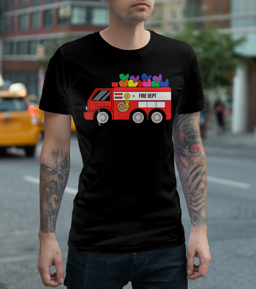 Fire Dept Valentine Hearts Sloth Fire Truck T-Shirt