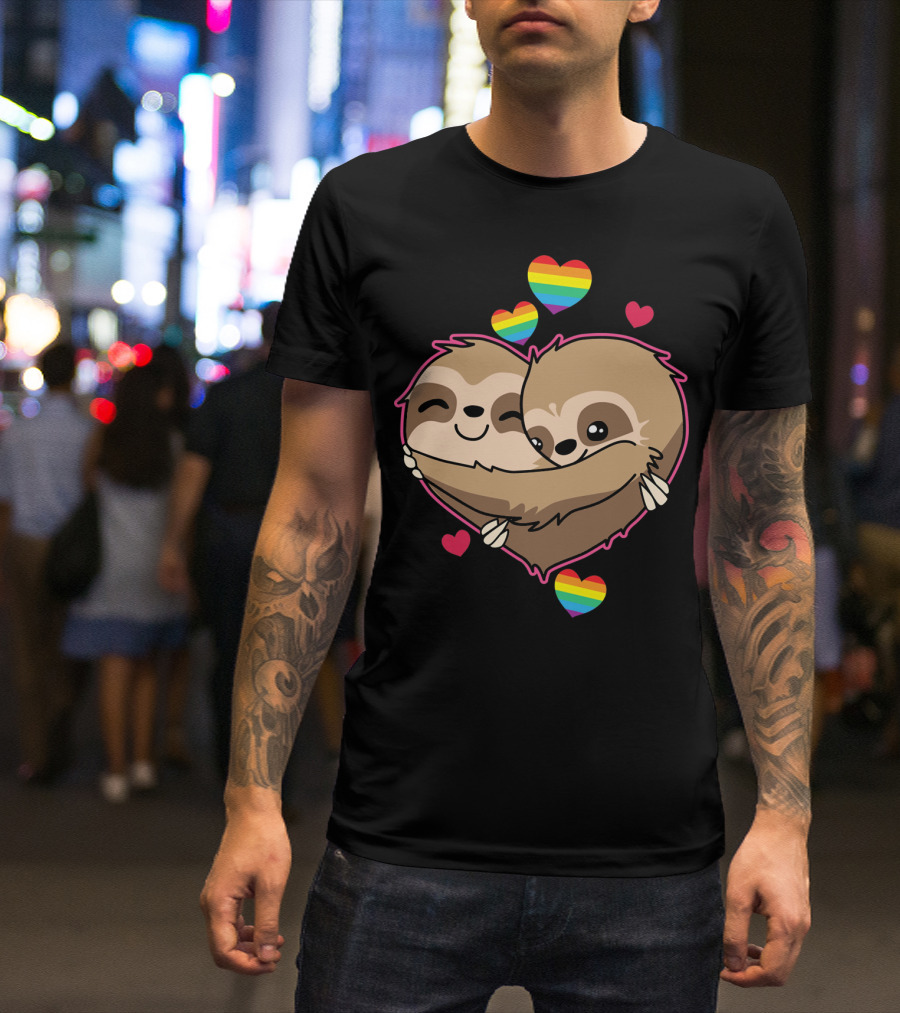 Valentines Day Sloth Heart With Rainbow Hearts T-Shirt