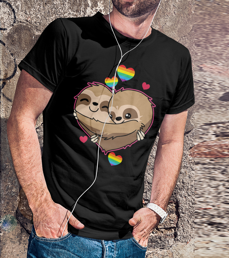 Valentines Day Sloth Heart With Rainbow Hearts T-Shirt