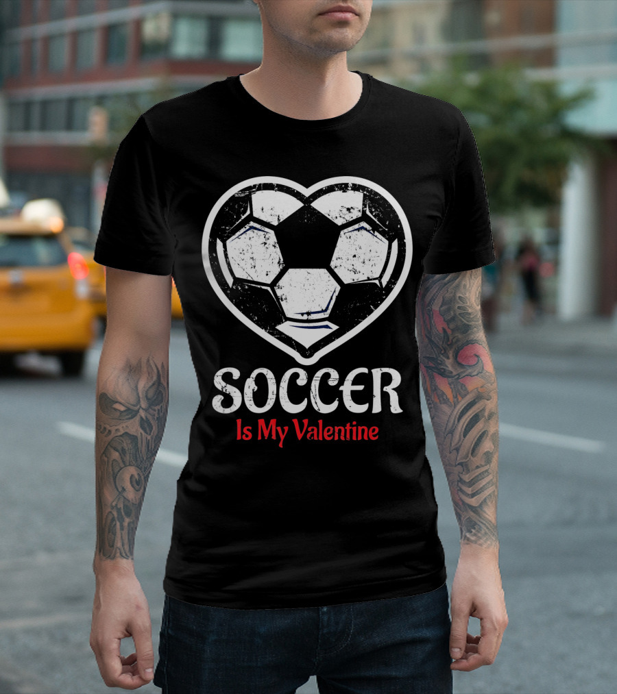 Soccer Is My Valentine Heart-Shaped Ball Kids Vday T-Shirt