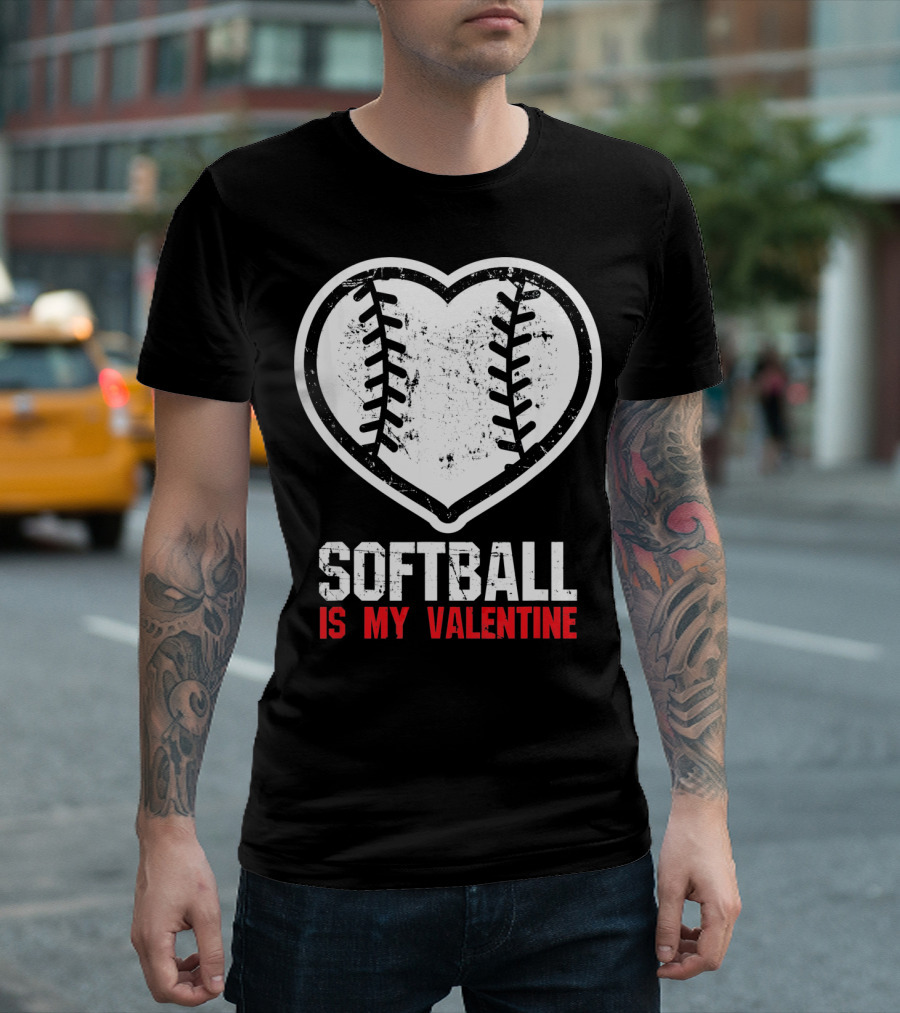 Softball Is My Valentine Heartball Stitching T-Shirt