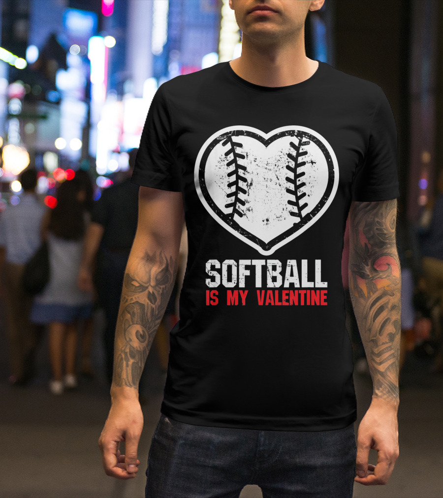 Softball Is My Valentine Heartball Stitching T-Shirt