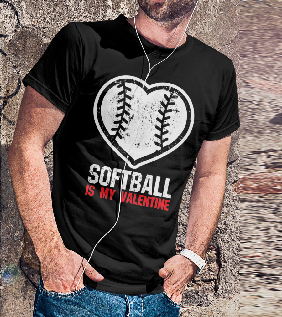 Softball Is My Valentine Heartball Stitching T-Shirt