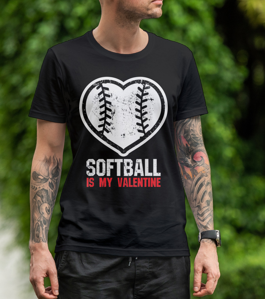 Softball Is My Valentine Heartball Stitching T-Shirt