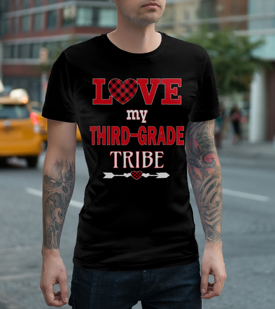 Love My Third-Grade Tribe Buffalo Plaid Heart Arrow T-Shirt