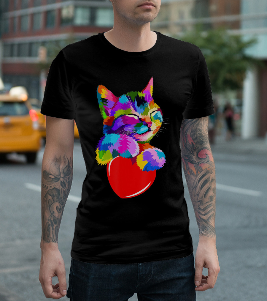 This Valentines My Cat Holds My Heart Colorful Kitten with Red Heart T-Shirt