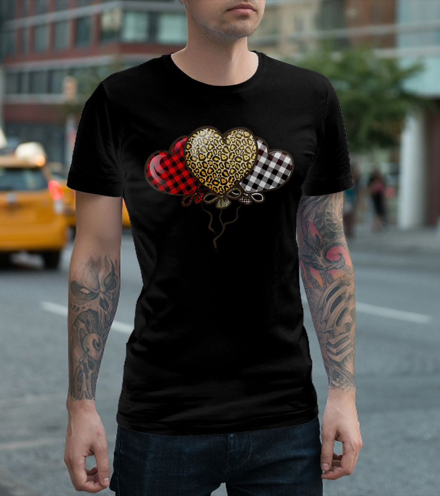 Three Balloons Hearts Buffalo Plaid Leopard T-Shirt