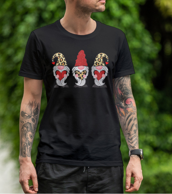 Three Gnomes With Leopard Hats And Glitter Hearts T-Shirt